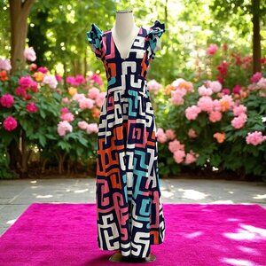 Diyanu Ruffle Sleeve Maxi Dress Geometric Print Bold Summer Statement Cotton